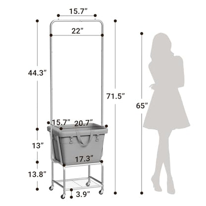 ELYKEN Laundry Cart with Hanging Rack, Rolling Laundry Hamper with Wheels, Laundry Basket with Removable Liner Bag and Shelf, Sturdy Metal Frame Dirty Clothes Basket for Hotel, Home, Closet, Dorm