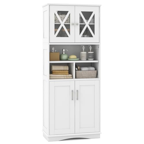 Tangkula Tall Bathroom Cabinet, Modern Kitchen Cupboard Pantry with Adjustable Shelves, 2 Acrylic Doors & 3 Open Cubes, Large Floor Storage Cabinet for Bathroom Living Room (23.5 x 12 x 57 Inch,White) - color: White, size: 23.5 x 12 x 57 Inch