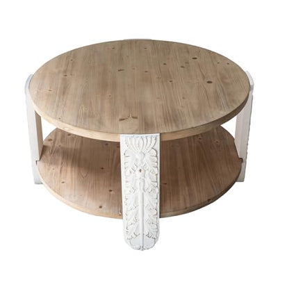 31.5'' Round Wood Coffee Table 2-Tier Circle Craft Rustic Coffee Table for Living Room, Modern Retro Farmhouse Style, Carved Leg & Easy Assembly, Brown & White - color: 31.5in-brown & White
