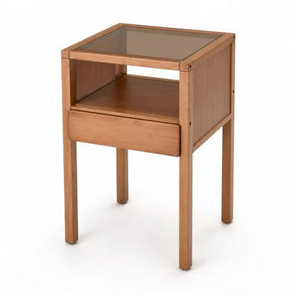 Bamboo Nightstand Small Bedside Tables with Drawer, Tea | Tempered Glass Top, Open Shelf, Mid Century Modern Night Stand for Bedroom, Living Room, Apartment, Small Space - color: Tea Color Glass