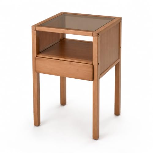 Bamboo Nightstand Small Bedside Tables with Drawer, Tea | Tempered Glass Top, Open Shelf, Mid Century Modern Night Stand for Bedroom, Living Room, Apartment, Small Space - color: Tea Color Glass