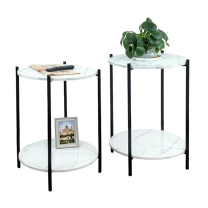 Small Round Side Table Set of 2, Black End Table with Faux Marble Top, Modern Sofa Table for Small Spaces in Living Room, Couch, or Bedroom Nightstand (2 pcs Black, Round) - color: 2 Pcs Black