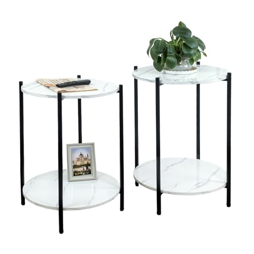 Small Round Side Table Set of 2, Black End Table with Faux Marble Top, Modern Sofa Table for Small Spaces in Living Room, Couch, or Bedroom Nightstand (2 pcs Black, Round) - color: 2 Pcs Black