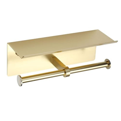 Brushed Gold Toilet Paper Roll Holder with Shelf Wall Mounted for Bathroom (Brushed Gold, Double Head) - color: Brushed Gold