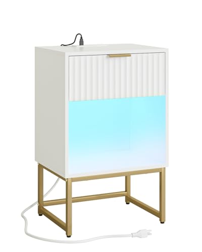Masupu Fluted Nightstand with Charging Station and LED Lights,Modern Night Stand Wood Bedside Table with Storage Drawer Side End Table for Bedroom, Office,White - color: Light-white