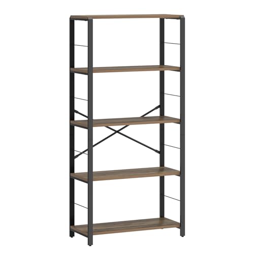 FOLUBAN 5 Tier Tall Bookshelf, Industrial Bookshelves and Bookcases, Modern Rustic Wood and Metal Book Shelf for Bedroom, Living Room and Home Office, Oak - color: Oak, size: 5-Tier