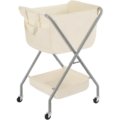 STORAGE MANIAC Collapsible Laundry Cart with Wheels 35.6"H Removable Canvas Bag Rolling Laundry Hamper Clothes Basket with Wheels, Sturdy Steel Frame Folding for Small Narrow Space Easy Storage, Beige - color: Beige, size: 35.6"H with Removable Bag