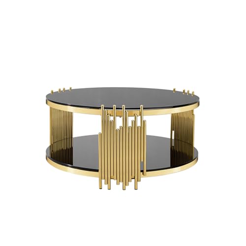 Black Glass Coffee Table, 2-Tier Round Tempered Glass with Gold Stainless Steel Frame, Modern Luxury Coffee Table for Living Room, Office, or Café - color: Coffee Table