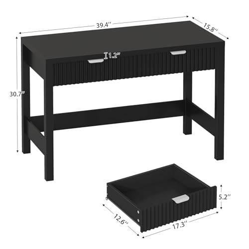 YOMILUVE Fluted Computer Desk with 2 Drawers, 39 Inch Small Computer Desk with Storage, Compact Writing Study Desk for Small Spaces, Black - color: Black