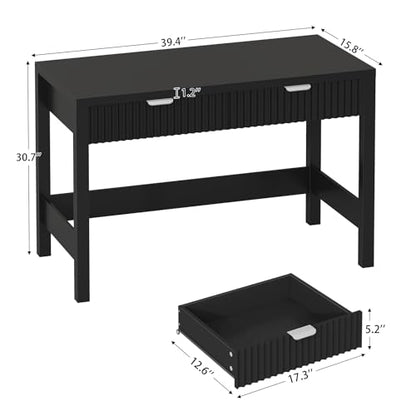 YOMILUVE Fluted Computer Desk with 2 Drawers, 39 Inch Small Computer Desk with Storage, Compact Writing Study Desk for Small Spaces, Black - color: Black