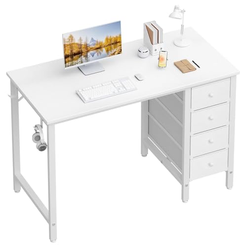 Lufeiya Small White Desk with Drawers for Bedroom, 40 Inch Kids Girls Study Desks, Reversible Computer Writing Nail Table with Fabric Drawer for Small Spaces Home Office Manicure - color: Warm White, size: 39.4"