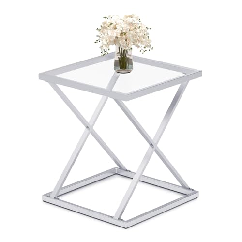 Square End Table with Tempered Glass Top, Stylish X-Shaped Metal Frame, Living Room Coffee Table, Sofa Side Table, Accent Tables for Small Spaces, Modern Bedside Table for Bedroom (Silver) - color: Silver, style: Style 3