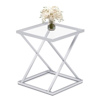 Square End Table with Tempered Glass Top, Stylish X-Shaped Metal Frame, Living Room Coffee Table, Sofa Side Table, Accent Tables for Small Spaces, Modern Bedside Table for Bedroom (Silver) - color: Silver, style: Style 3