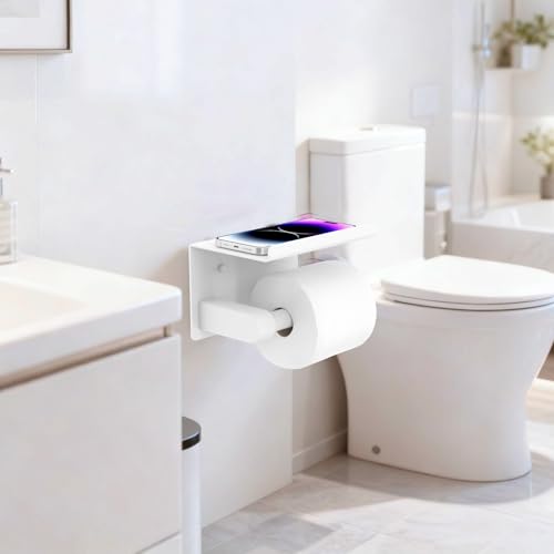 Bntuk Toilet Paper Holder with Shelf, Self-Adhesive or Screw Wall Mount Toilet Paper Holder with Wipes Storage, Rustproof Stainless Steel Tissue Roll Holder for Bathroom Washroom (White) - color: White