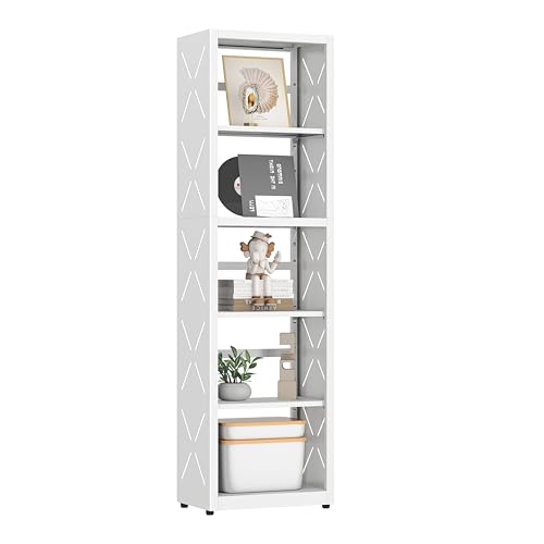 Polup Book Shelf, 5 Tier Metal Bookcase with Adjustable Shelves, Tall Narrow Bookshelf with Bookends, White Display Shelves for Living Room, Home Office, Library - color: White, size: 5 Tier-16" W