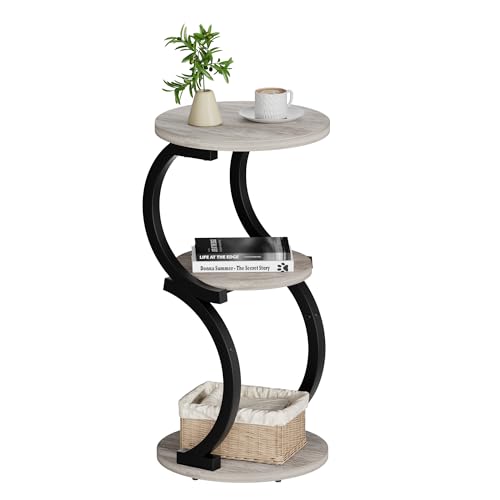 JUSTOGO Small Side Table, 3-Tier Round End Table for Small Spaces, Greige | S-Shaped Accent Table, Living Room & Bedroom, Beside Sofa, Vintage Nightstand, Wood & Metal Frame, Open Storage - color: Greige