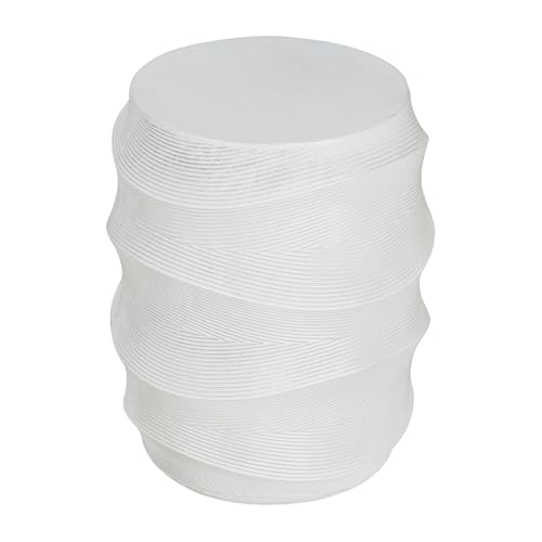 White Textured Wave Drum Side Table, Indoor Outdoor Round Accent End Table, Modern Sculptural Garden Stool Plant Stand for Patio Living Room Bedroom Entryway