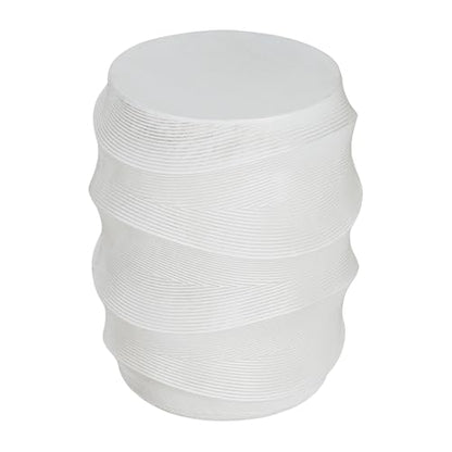 White Textured Wave Drum Side Table, Indoor Outdoor Round Accent End Table, Modern Sculptural Garden Stool Plant Stand for Patio Living Room Bedroom Entryway