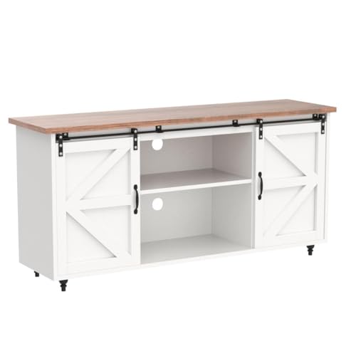 4ever2buy Farmhouse Coffee Bar Cabinet with Storage, 58'' Sideboard Buffet Cabinet with Sliding Barn Door, White Coffee Bar with Gourd Feet, Farmhouse Cabinet for Living Room