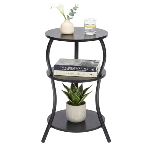 Vintage Small Round Side Table, 3-Tier Slim Waist Circular End Table with Storage Shelf, Compact Tea Sofa Side Table, Round Corner Coffee Table Nightstand for Living Room Bedroom Small Spaces,Black - color: Black, style: Classic