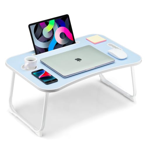Foldable Lap Desk, Laptop Bed Desk, Portable Lap Table, Laptop Bed Table with Cup Holder & Tablet Slot & Lifting Handle for Working Writing Drawing & Eating - Blue - color: Blue