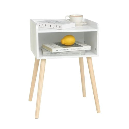 MaxSmeo White Nightstand, Small Bed Side Table for Small Spaces,Mid Century Modern Nightstand End Table with Storage and Solid Wood Legs for Bedroom Living Room(White) - color: White