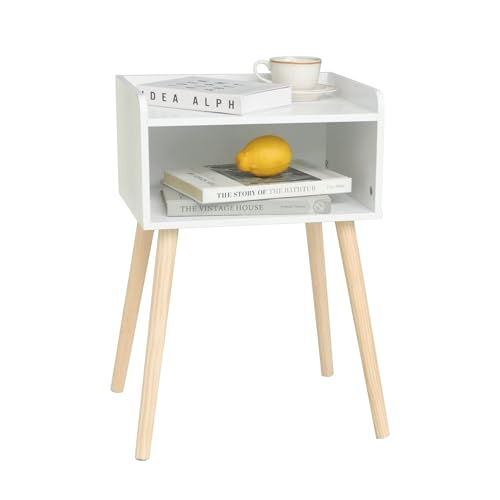 MaxSmeo White Nightstand, Small Bed Side Table for Small Spaces,Mid Century Modern Nightstand End Table with Storage and Solid Wood Legs for Bedroom Living Room(White) - color: White