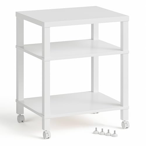 3-Tier Printer Stand with Wheels, Large Under Desk Rolling Cart for Office Storage, Heavy Duty Machine Stand with Adjustable Shelf, 22.04"x17.71"x26.54", White - color: White, size: Large