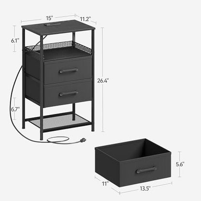JARHETUN Nightstand Set of 2, Night Stands with Charging Station, 26.4 Inch Tall Bedside Table with Metal Shelf, Side Table with 2 Fabirc Drawers for Bedroom, Black - color: Black, style: Power