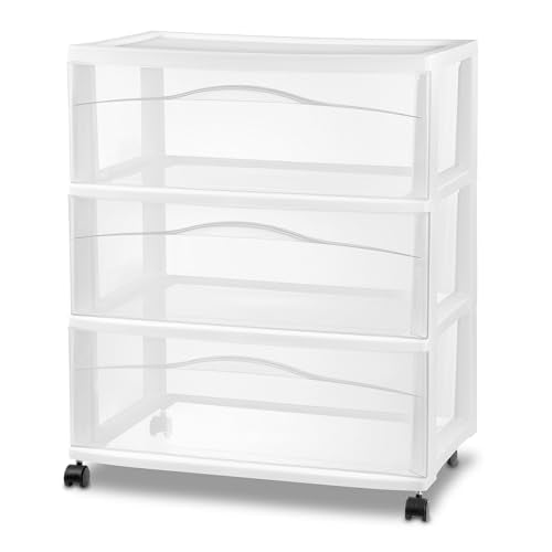 Sterilite Wide 3-Drawer Cart, Plastic Storage Organizer Drawers with Wheels, White - Rolling Multipurpose Bins for Dresser, Closet, Cabinet, Bedroom, Bathroom, and Office Organization - color: White, size: 1-Pack