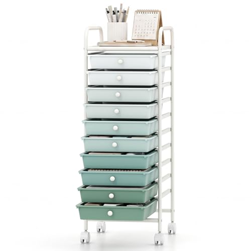 GOFLAME 10-Drawer Rolling Storage Drawer Cart, Utility Cart with Removable Drawers & Metal Frame, Mobile Art Craft Drawer Cart with Lockable Wheels for Home, Office, Studio, School, Green Gradient - color: Green Gradient, size: 10-Drawer without Wood Top