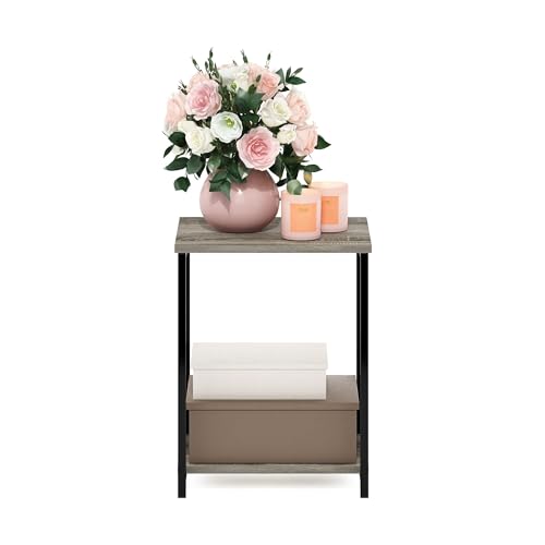 Pemberly Row Industrial End Table, Metal Frame with French Oak Finish, 11.7 x 15.2 x 19.7 in, 2-Tier Shelves, Durable Composite Wood, Rustic Style Living Room Side Table