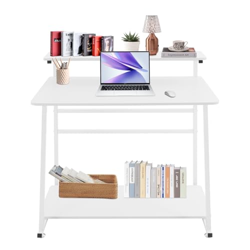 3 Tiers Rolling Computer Desk, 31.5 Inch Home Office Desk with 4 Wheels & 4 Foot Pads, Mobile Small Computer Desk, Student Study Table for Small Space Bedroom (White+White) - color: White+white