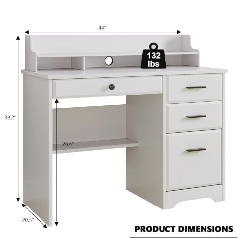 4 EVER WINNER White Desk with Drawers, 44 Inch Small Computer Desk with File Drawer and Monitor Stand, Wood Desk with Storage Shelf for Small Spaces, Living Room, Bedroom, White - color: Pure White