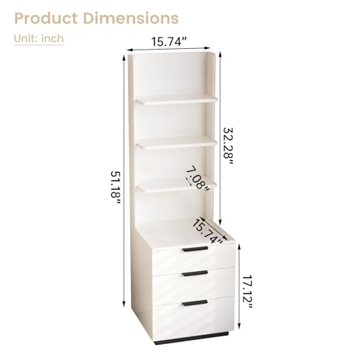 Tall Nightstand with 3 Drawers & 4 Open Shelves, Modern Bedside Table with Storage, Multifunctional Narrow Night Stand, Space-Saving End Tables for Bedroom, Small Spaces, White