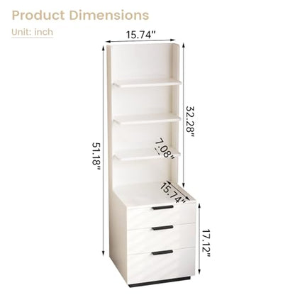 Tall Nightstand with 3 Drawers & 4 Open Shelves, Modern Bedside Table with Storage, Multifunctional Narrow Night Stand, Space-Saving End Tables for Bedroom, Small Spaces, White