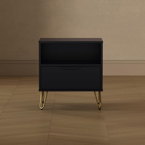 Manhattan Comfort Avira 20 Inch Nightstand with Drawer and Shelf, Mid Century Modern Bedroom Stand with Storage, Compact Side End Table with Metal Legs, Black - color: Black