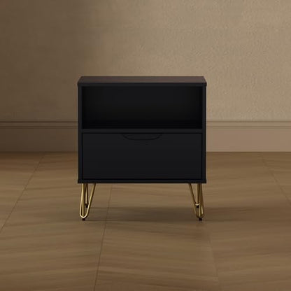 Manhattan Comfort Avira 20 Inch Nightstand with Drawer and Shelf, Mid Century Modern Bedroom Stand with Storage, Compact Side End Table with Metal Legs, Black - color: Black