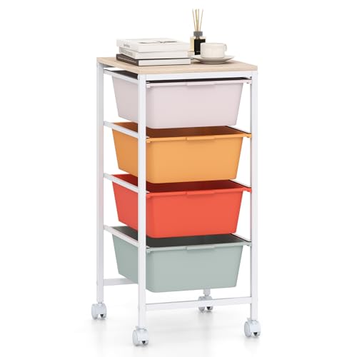 GOFLAME 4-Drawer Rolling Storage Cart, Craft Storage Cart with Wooden Tabletop and Lockable Wheels, Art Cart Supply Storage Organizer with Metal Frame for Home Office Classroom, Macaron Color - color: Macaron Color, size: 4 Drawer with Wood Top-13"x14.5"x