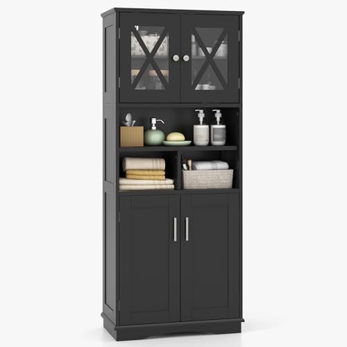 Tangkula Tall Bathroom Cabinet, Modern Kitchen Cupboard Pantry with Adjustable Shelves, 2 Acrylic Doors & 3 Open Cubes, Large Floor Storage Cabinet for Bathroom Living Room (23.5 x 12 x 57 Inch,Black) - color: Black, size: 23.5 x 12 x 57 Inch