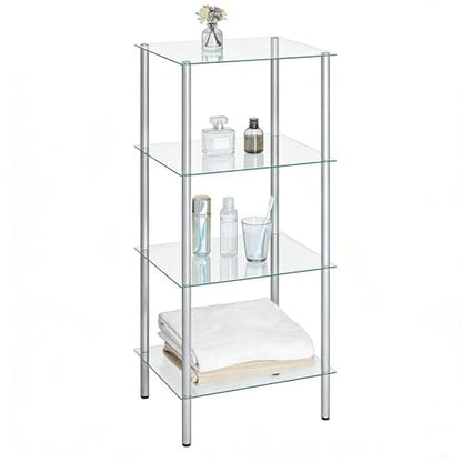 HOOBRO Glass Shelf, 4 Tier Bathroom Standing Shelf Unit, Tempered Glass Shelving Stand for Small Space, Perfume Stand Organizer, Space-Saving, for Bathroom, Bedroom, Steel Frame, Silver SV04CJ01 - size: 15" L x 11.8" W x 41.3" H