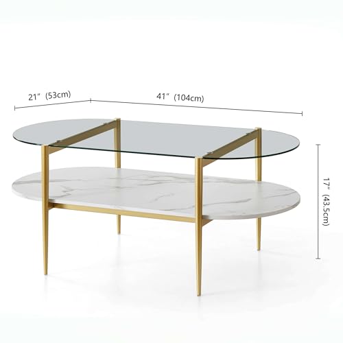 LumFurn Oval Coffee Table, Mid-Century Modern Design, L41 x W21 x H17 inch, for Living Room, Clear Glass Top, White Marble Finish Wood Shelf & Gold Finish Frame - color: Clear & White Marble, size: L41" Oval Coffee Table
