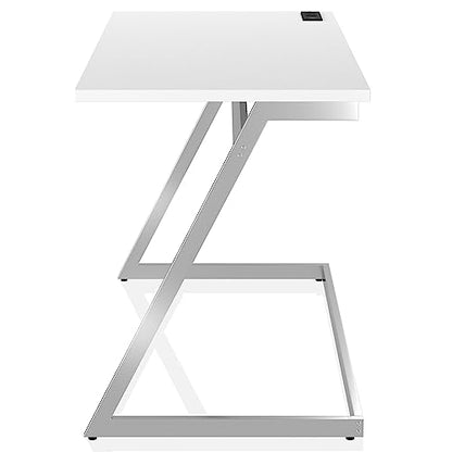 24/7 Shop at Home Andree Industrial Metal Writing Desk with USB Port, Power Outlet for Workstation, Home Office, Study Room, Gloss White and Chrome