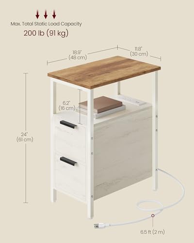 VASAGLE Side End Table with Charging Station, Slim Nightstand with 2 Drawers, Narrow Bedside Table for Living Room, Small Spaces, 18.9 x 11.8 x 24 Inches, Honey Brown and Rustic White ULET324W101S - color: Honey Brown + Rustic White, size: 18.9"D x 11.8"W