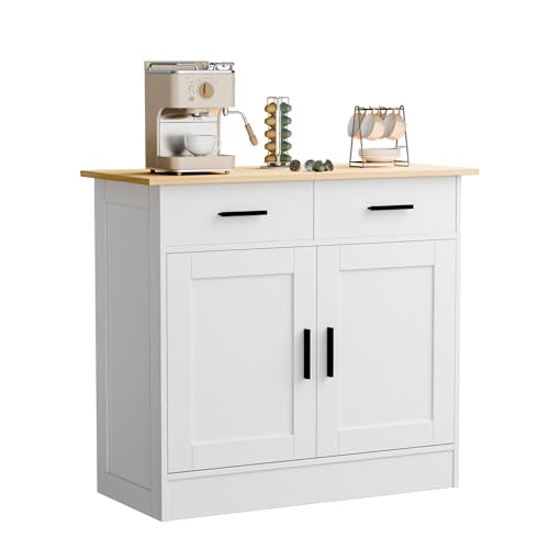 Buffet Cabinet with Storage - Buffets & Sideboards Kitchen Storage Cabinet, Wood Console Table Coffee Bar Accent Cabinets for Living Room Dining Room Entryway Small 2 Doors & Drawers, White 35.4"W - color: White, size: 35.4"W
