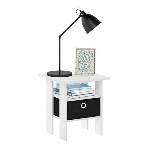 Furinno Andrey Square Side Table, End Table, Night Stand, White/Black | Open Shelves and Storage Bin, Bedside Table, for Living Room, Bedroom - color: White/Black, size: 1-Pack, Center Bin
