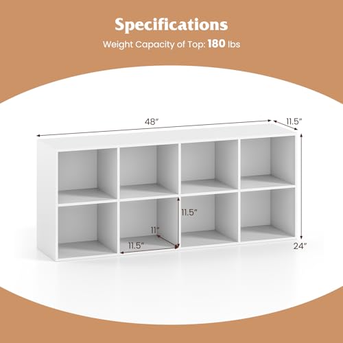 NAFORT 8-Cube Bookcase, 3-Tier Cubby Storage Organizer with 2 Anti-Tipping Kits, Vertical/Horizontal Display Shelf for Living Room, Bedroom, Study, Office, 48" W×11.5" D×24" H, White