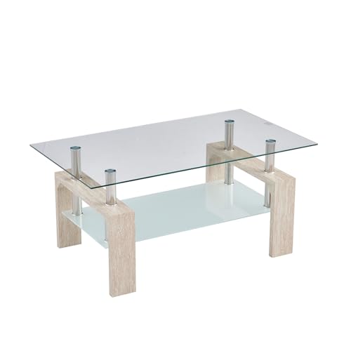 Living Room Rectangle Coffee Table, Tea Table Suitable for Waiting Room, Modern Side Coffee Table with Wooden Leg, Glass Tabletop with Lower Shelf (Yellow Travertine) - color: Yellow Travertine
