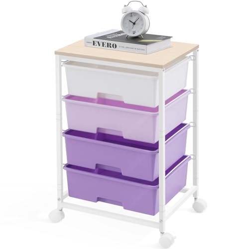 Utility Cart with 4 Drawers, Rolling Storage Cart with Drawers, Purple | Storage Rolling Drawer Cart with Wooden Tabletop for Bedroom, Kid's Room, Dorm, Classroom, Office - color: Purple