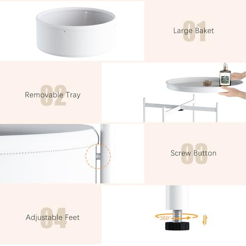 Garden 4 you Side Table with Fabric Storage Basket, Round Metal End Table, Small Bedside Table Nightstand with Removable Tray, for Nursery, Living Room, Bedroom, Bathroom, White - color: White